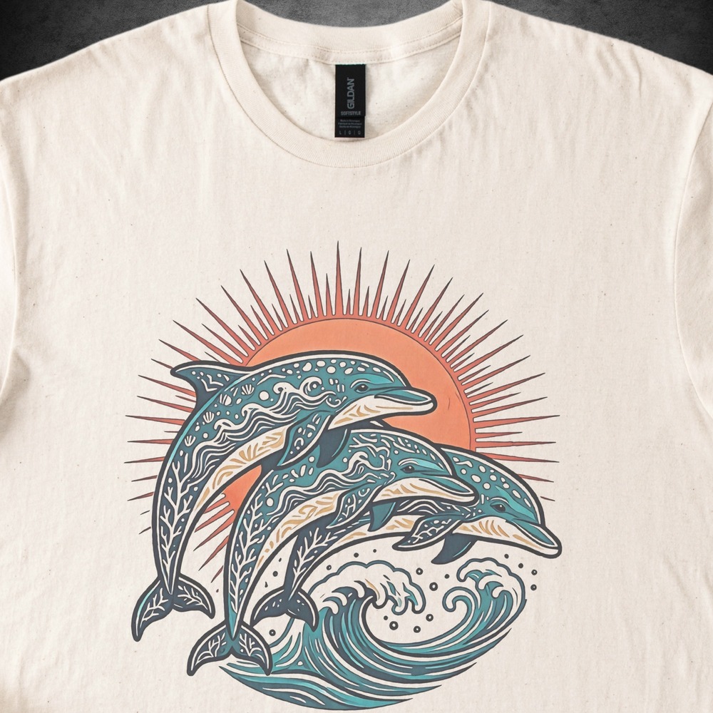 Three Dolphins Leaping Before a Sun Disk Boho Tee